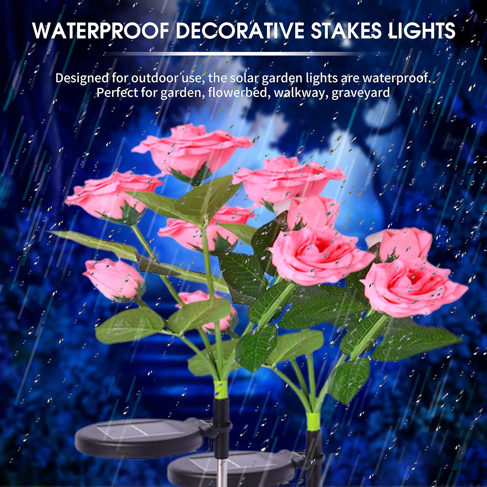 2pcs Solar Flowers Lights Outdoor 5 Rose Decorative Stakes Lights Rgb Color Led Landscape Lights Waterproof Rose Light For Pathway Walkway Lawn Backya