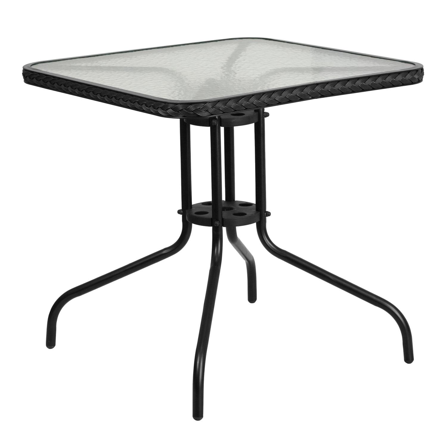 Flash Furniture 288221 Square Glass Metal Table with Black Rattan Edging and 2 Black Rattan Stack Chairs  Crowdfused