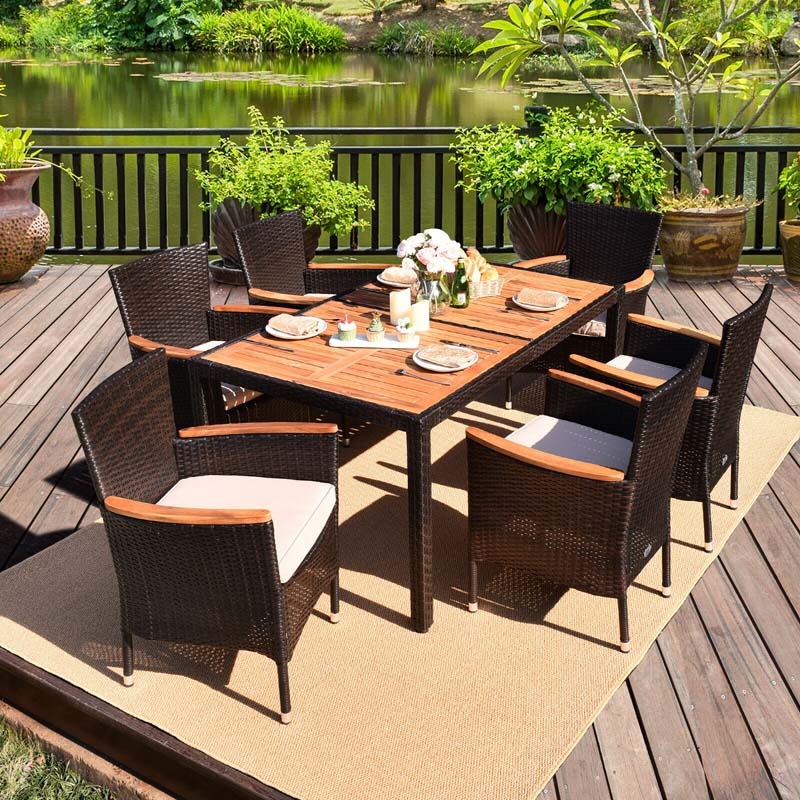 7 Pcs Rattan Outdoor Dining Set with Acacia Wood Tabletop & 6 Stackable Cushioned Armchairs