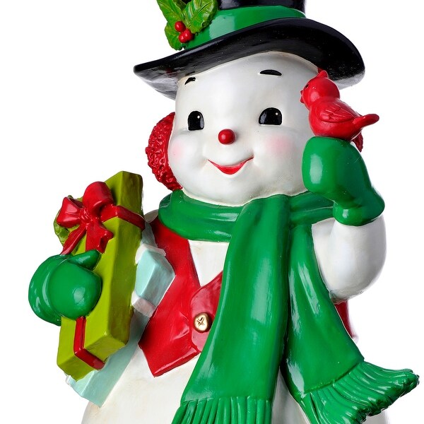 13.5 Resin Snowman Holding Gifts and Cardinal