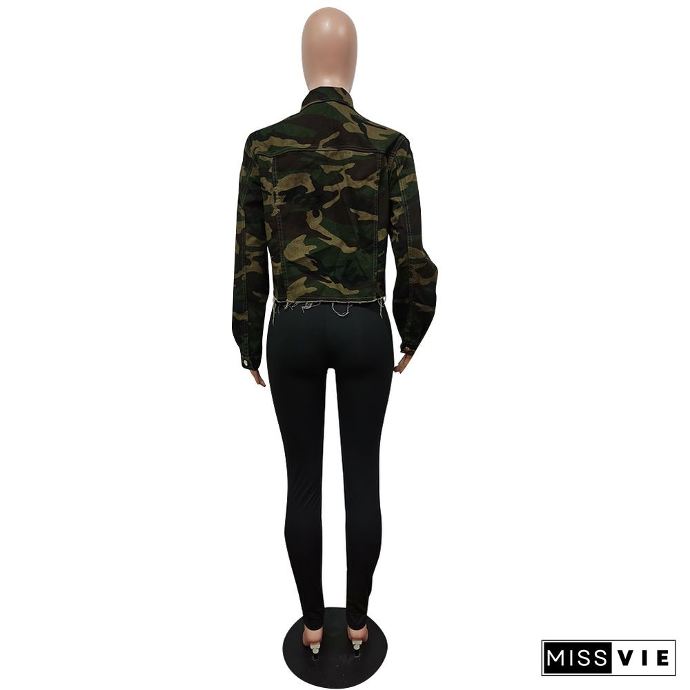 Camouflage Single-breasted Cropped Denim Jackets