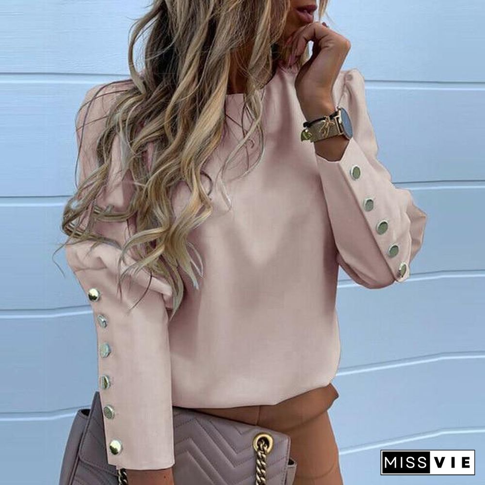 Work Wear Women Blouses Long Sleeve Back Metal Buttons Shirt Casual O Neck Printed Plus Size Tops Fall Blouse Drop Shipping P10016