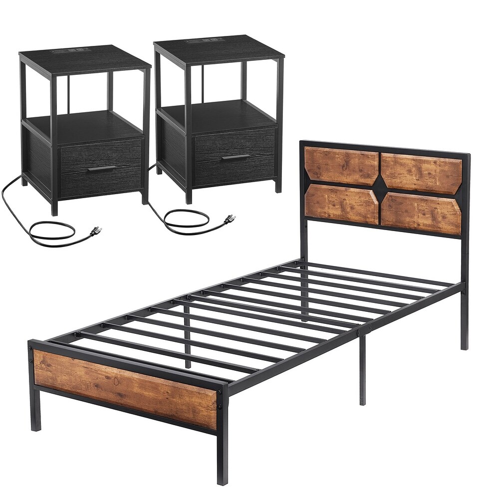 Industrial 3 Piece Vintage Brown Bed Frame and Charging Station USB Port Nightstands Set of 2