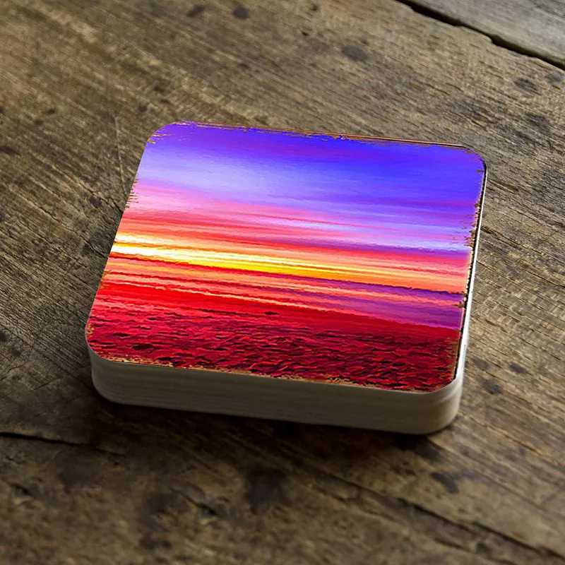 Sunset Coastal Wooden Cork Coasters Gift Set of 4 by Nature Wonders