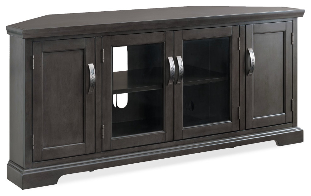 Corner TV Console  Framed Doors  Glass Doors With Pewter Pulls  Riverstone Oak   Transitional   Entertainment Centers And Tv Stands   by Declusia  Houzz