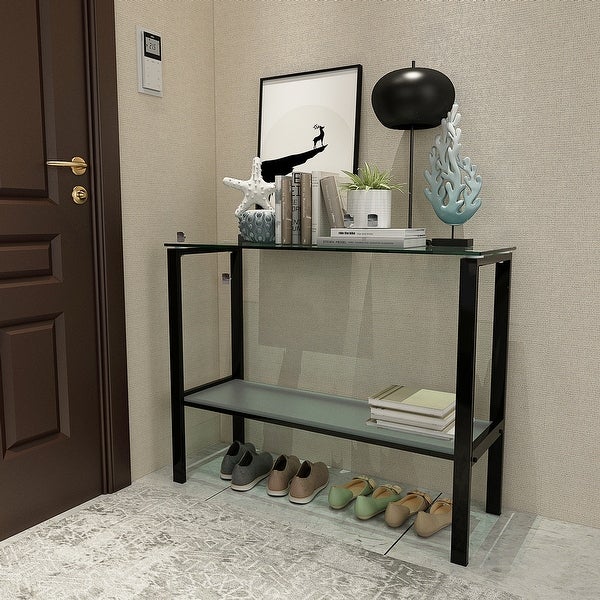 Modern Rectangular Glass Console Table With Two shelves