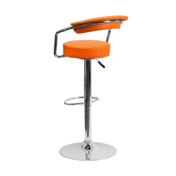 Offex Contemporary Orange Vinyl Adjustable Height Bar Stool With Arms And Chrome Base