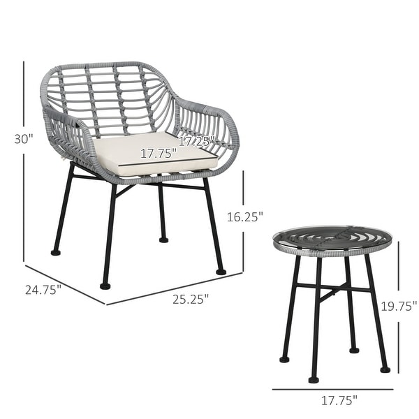 3 Piece Patio Set，PE Rattan Wicker Chairs and Table with Tempered Glass