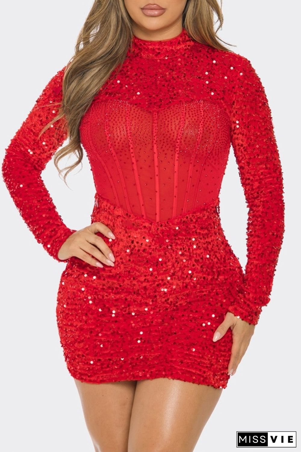 Sexy Daily Party Elegant Formal Sequins Patchwork Mesh Half A Turtleneck Dresses