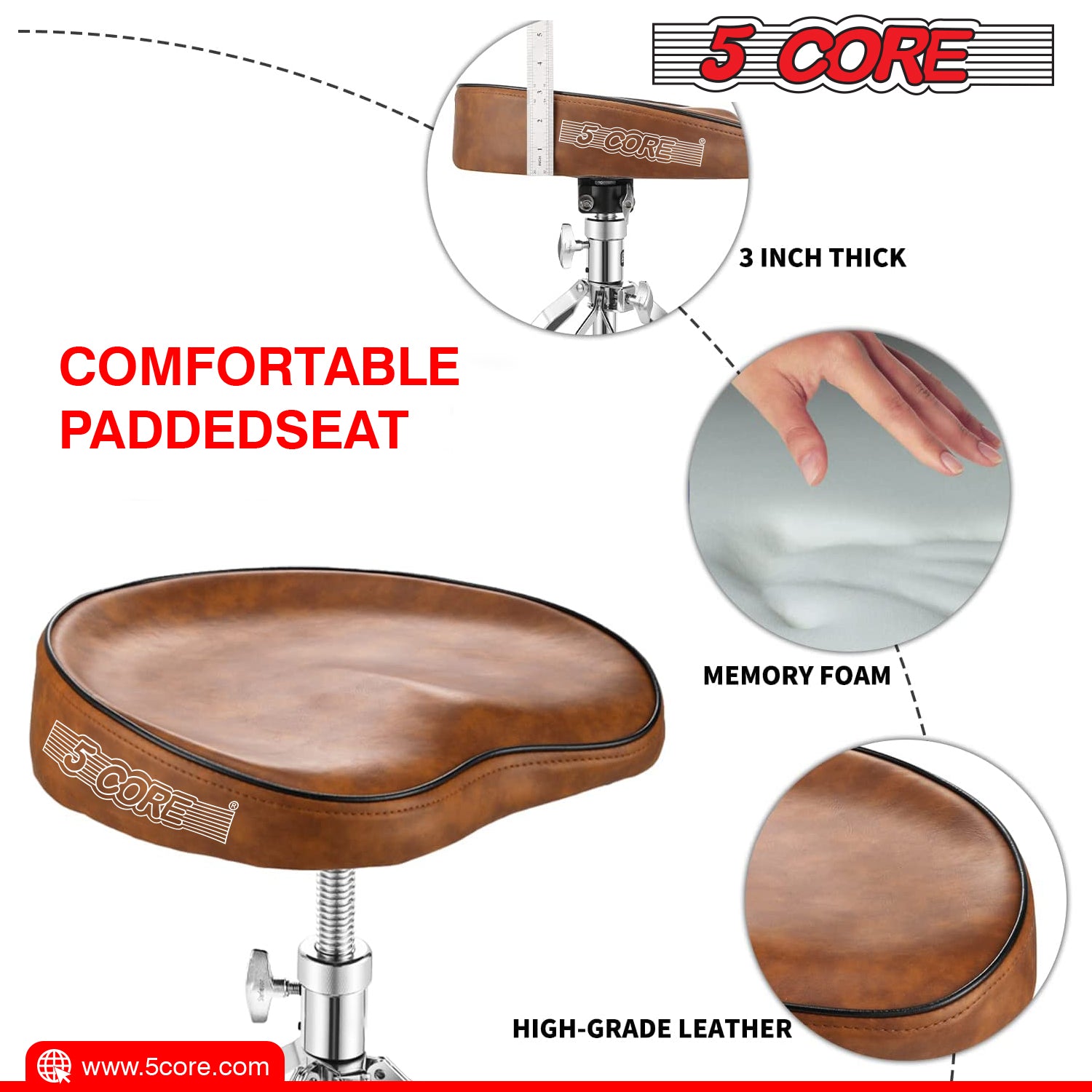 5 Core Drum Throne Saddle Brown| Height Adjustable Padded Comfortable Drum Seat| Stools Chair Style with Double Braced Anti-Slip Feet, Comfortable Seat for Drummers, Guitar Players- DS CH BR SDL