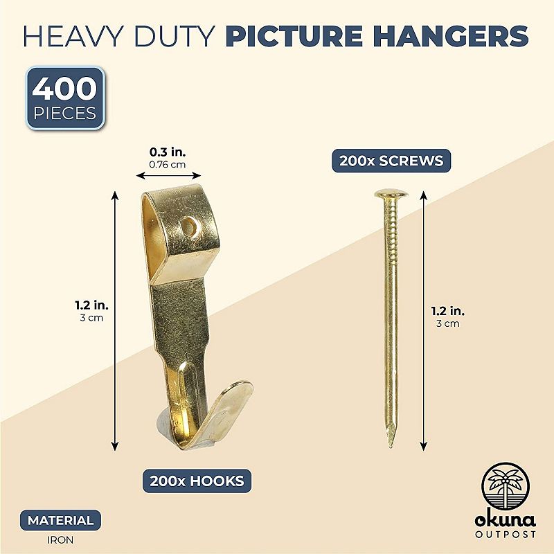 Heavy Duty Picture Hangers with Nails (Gold， 200 Pack)