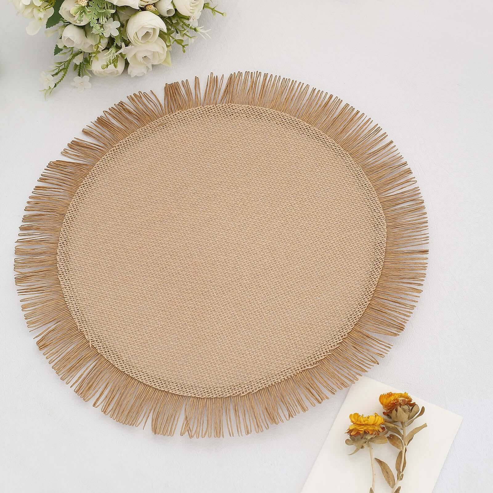 4 Pack Natural Jute Boho Chic Fringe Edge Table Placemats, Rustic Farmhouse Burlap Tassel Dining Table Mats 16