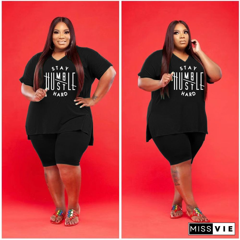 Plus Size Women Short Sleeve V Neck T-Shirt Knee Length Shorts Summer Clothes Two Piece Matching Set