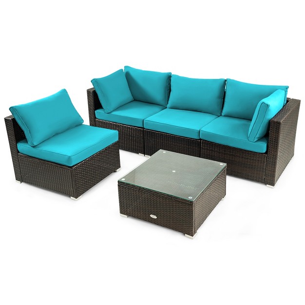 Tangkula 5pcs Rattan Patio Furniture Set Cushioned Sofa Chair Coffee Table Set Easy Assemble Red turquoise white navy black