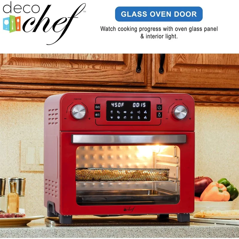 Deco Chef TQAIRRED 24 QT Red Stainless Steel Countertop 1700 Watt Toaster Oven with Built-in Air Fryer and Included Rotisserie Assembly， Grill Rack， Frying Basket， and Baking Pan