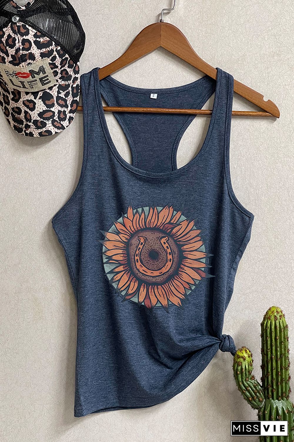 SUNFLOWER & HORSESHOE Printed Sleeveless Tank Top Wholesale