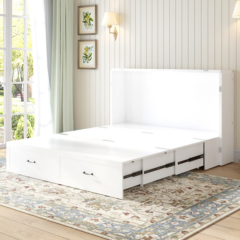 Mixoy Hidden Murphy Chest Bed with USB Ports Drawers Convertible Folding Horizontal Cabinet Bed with Mattress