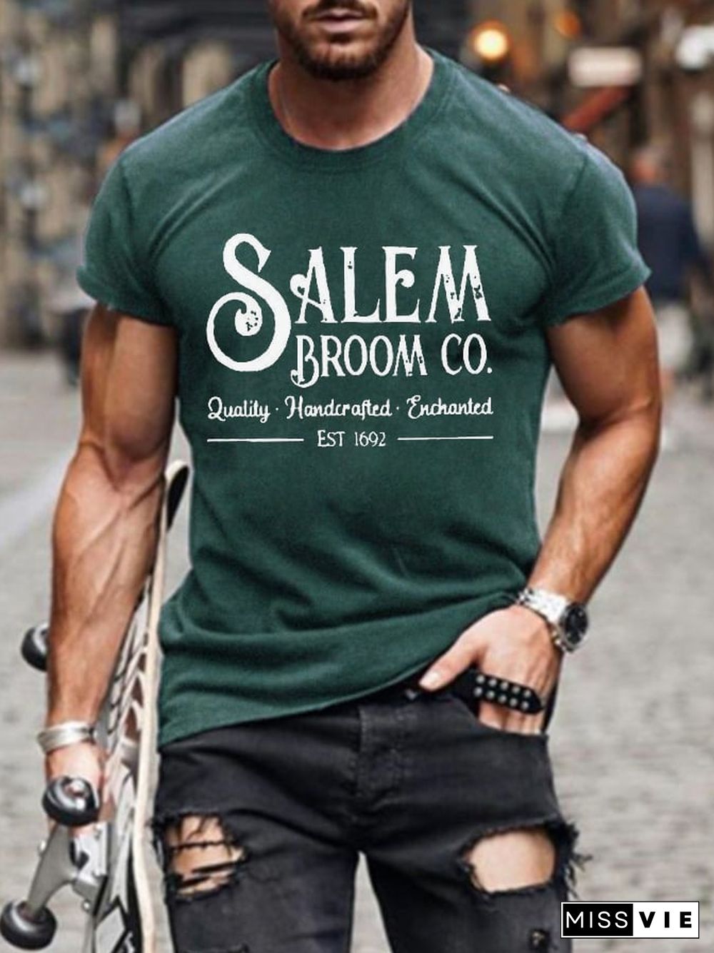 Men's Salem Broom Co Quality Handcrafted Enchanted Est 1692 Print T-Shirt