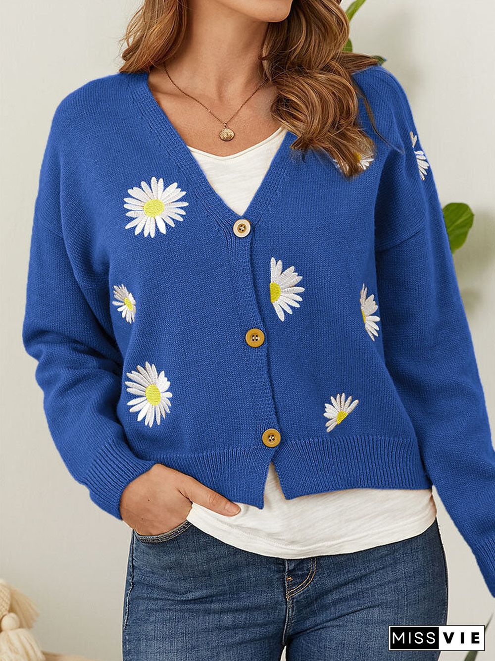 Women's V-neck Floral Embroidery Cardigan Jacket Coat