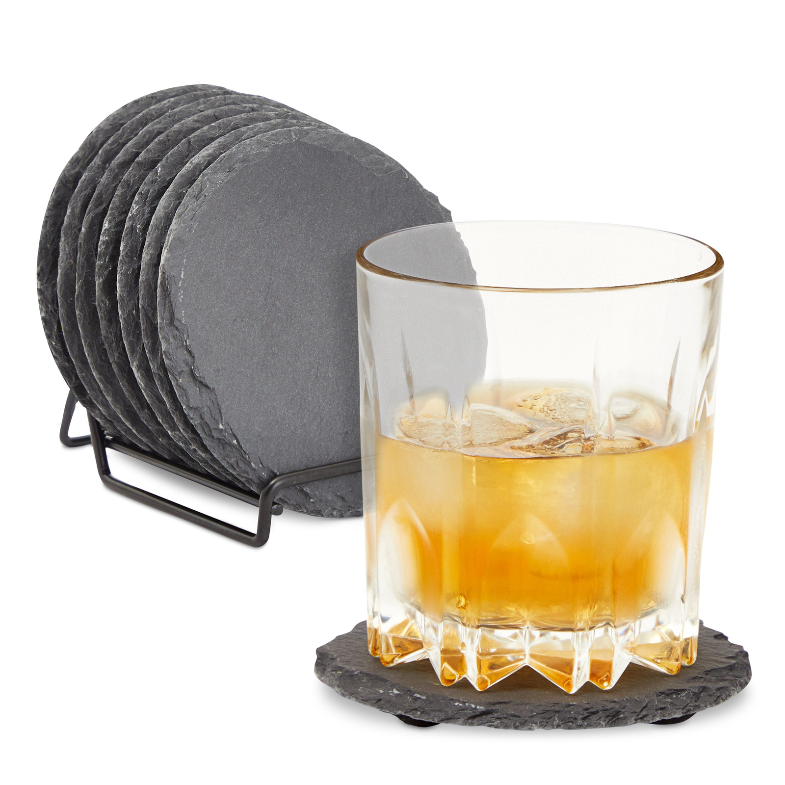 8 Pack Natural Edge Slate Coaster Set with Holder， Round Stone Coasters (Black 3.8 In)