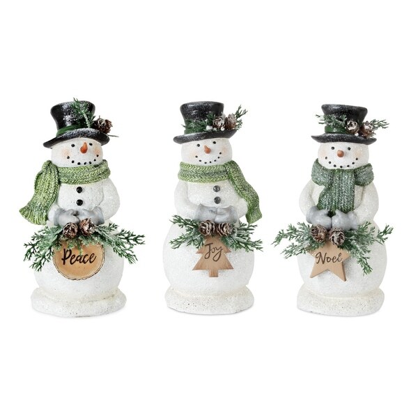 Set of 3 Cute White Snowman Peace，Joy Noel 6 Piece Figurine 8.25