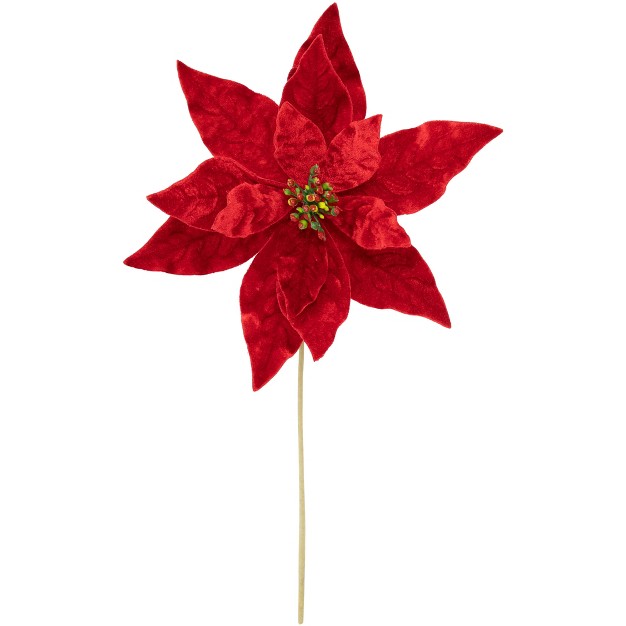 Glittered Red Velvet Christmas Poinsettia Stem Spray