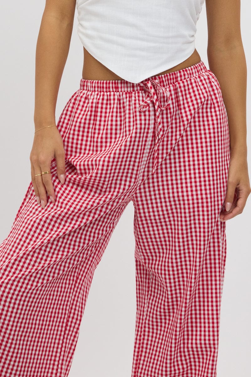Red Check Wide Leg Pants Side Ribbon
