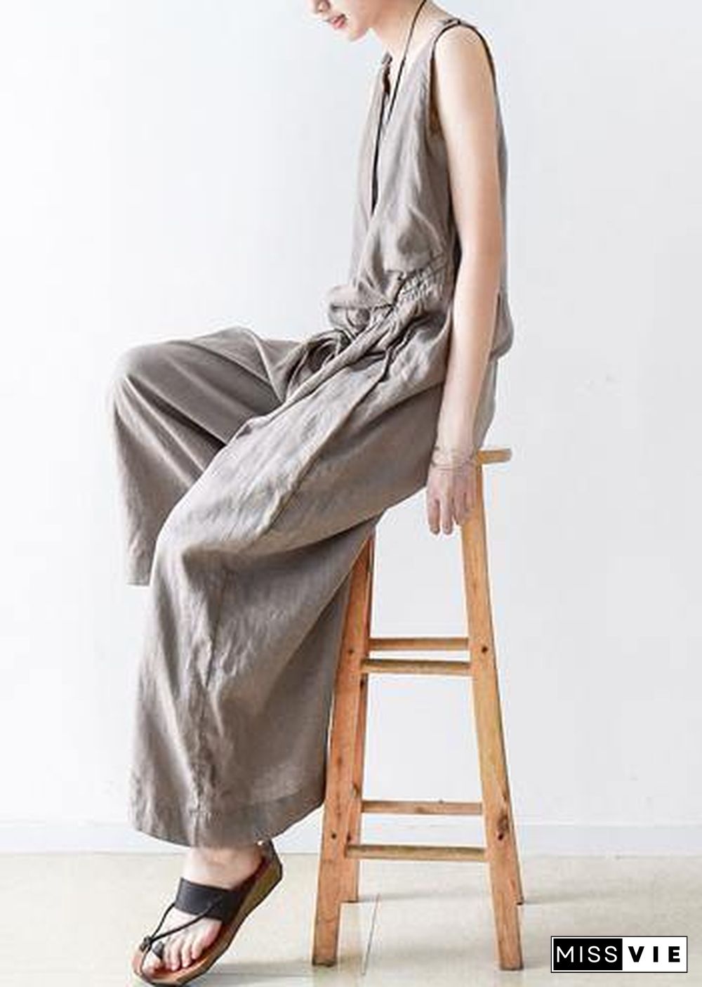 Spring Women Cotton Hemp Loose Wide Leg Jumpsuit Casual Pants