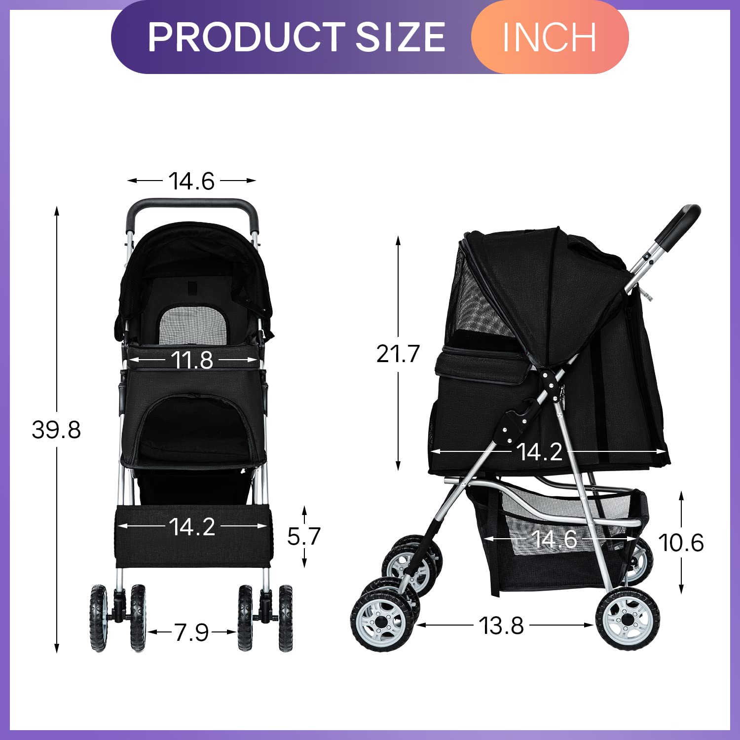 BestPet Pet Stroller Dog Cat Stroller Folding Lightweight Travel Stroller with Cup Holder (Black， 4 Wheels)