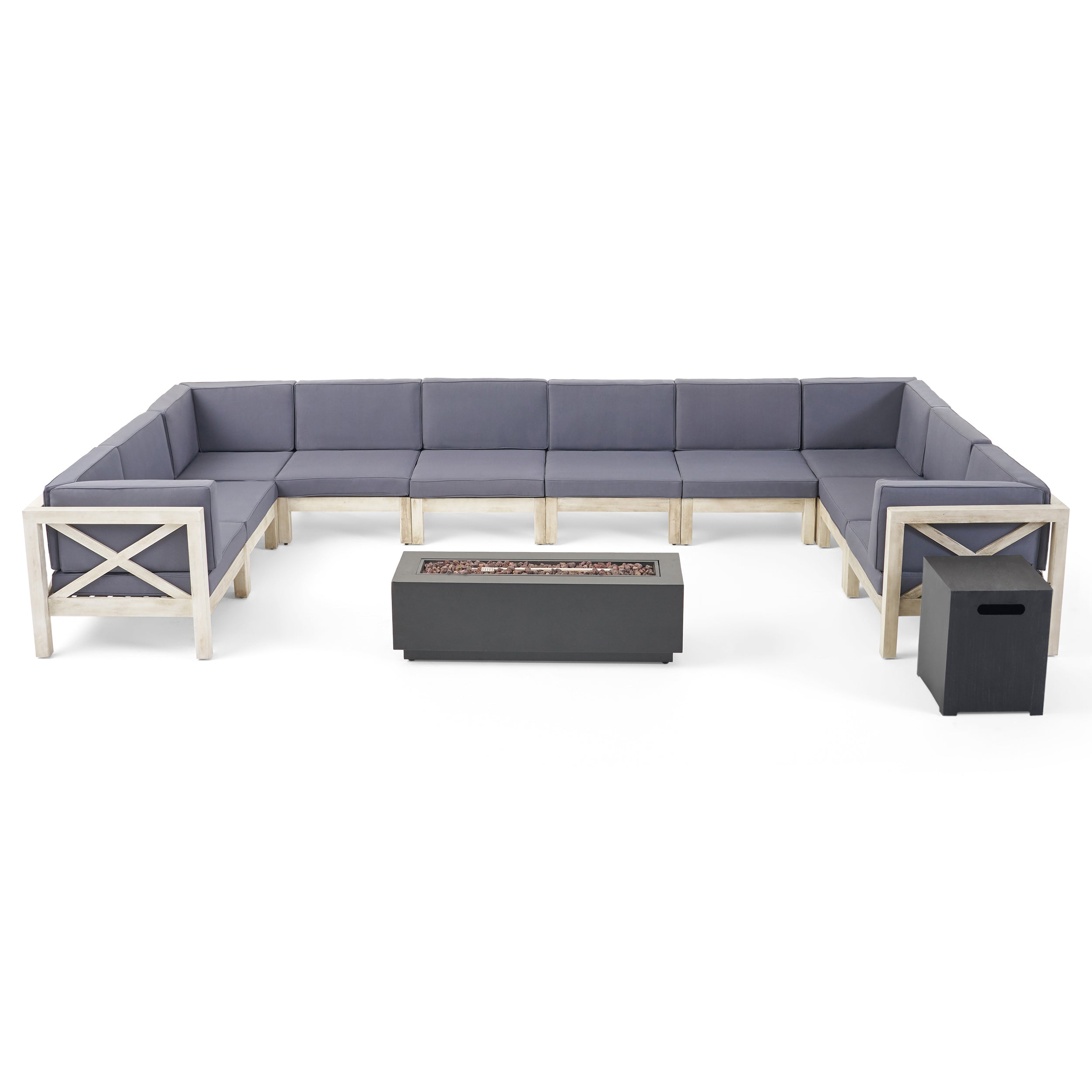 Lorelei Outdoor Acacia Wood 10 Seater U-Shaped Sectional Sofa Set with Fire Pit