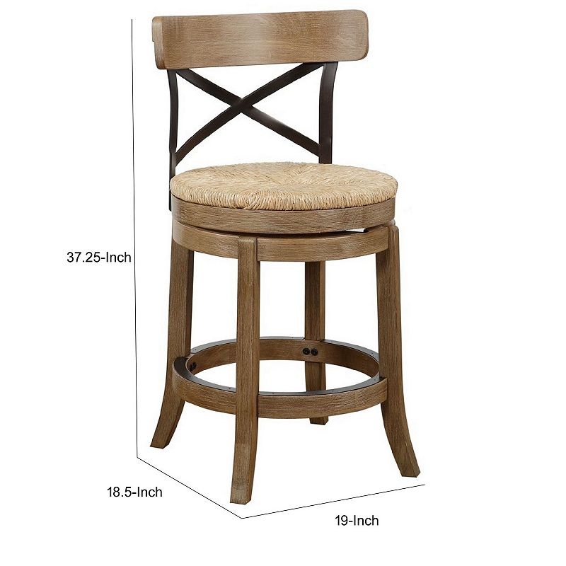 24 Inch Mia Wood Swivel Counter Stool， Soft Sedge Seat， Natural Brown