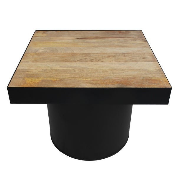 Wooden Side Table with Block Metal Base