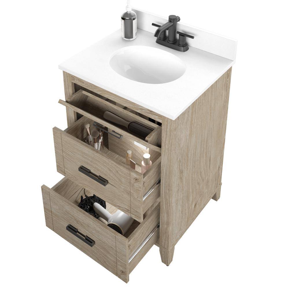 Glacier Bay Farmdale 24 in. W x 20 in. D x 37.9 in. H Bath Vanity in Natural Oak with White Stone Top 24BV35083ZPO117