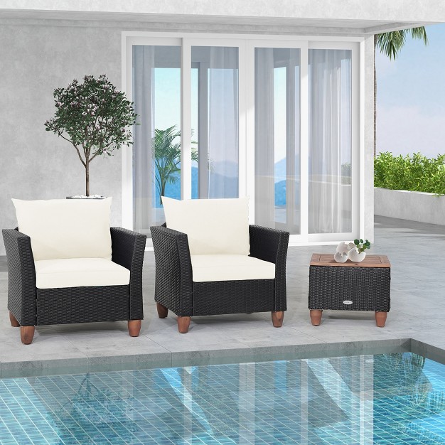 Costway 3pcs Patio Rattan Furniture Set Cushioned Sofa Storage Table With Wood Top White black grey navy red turquoise