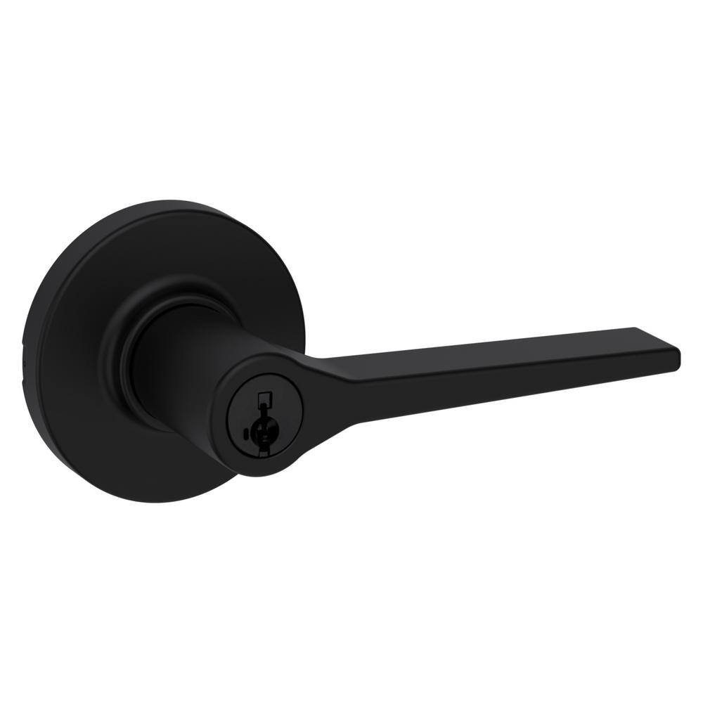 Kwikset Hollis Round Rose Matte Black Keyed Entry Door Lever featuring SmartKey Security 405HSLRDT514SMT