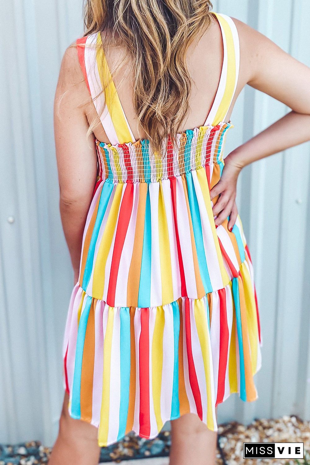 Multicolor Rainbow Stripe Print Tiered Sundress