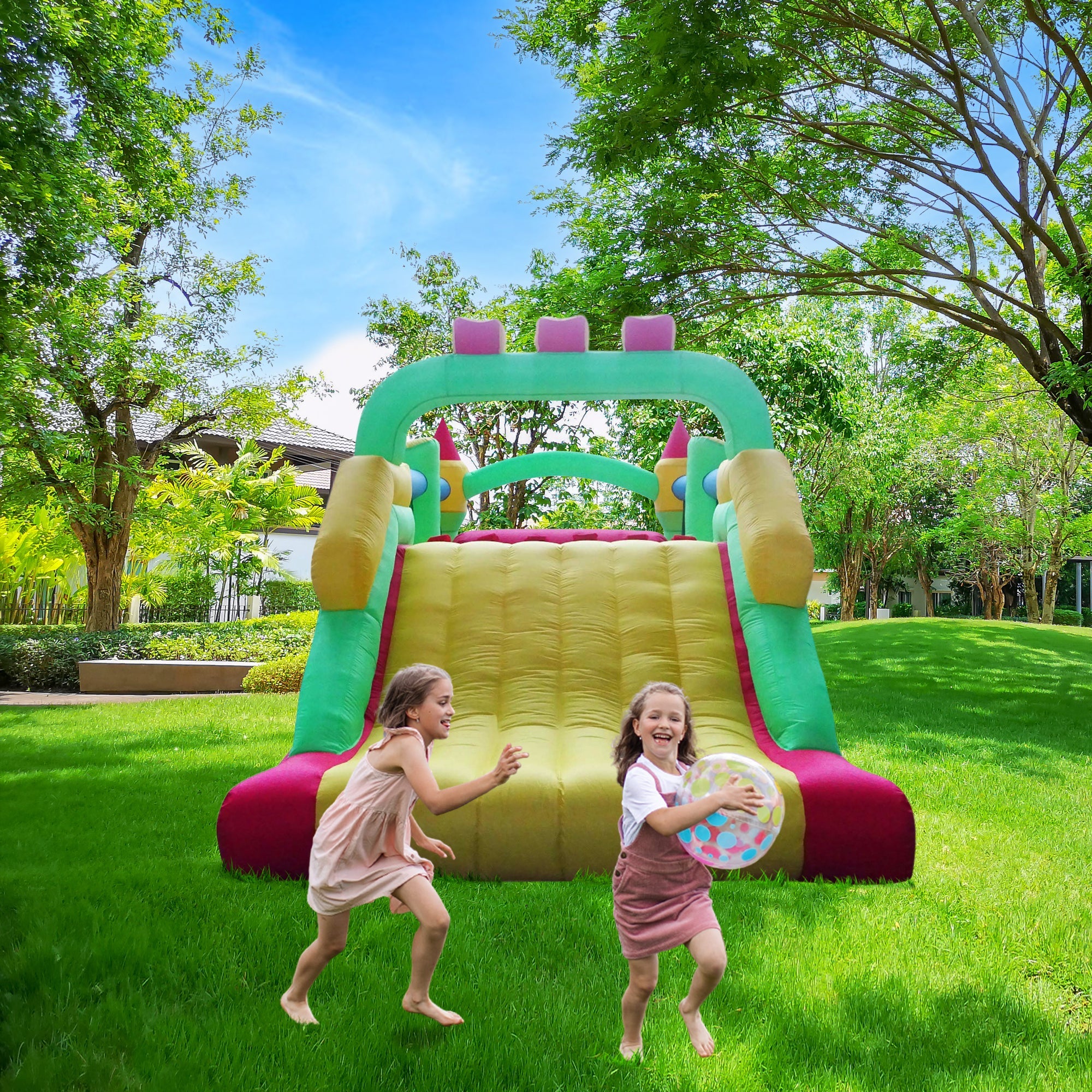 Pogo Bounce House Backyard Kids Gator Inflatable Water Slide with splash Cannon and Pool