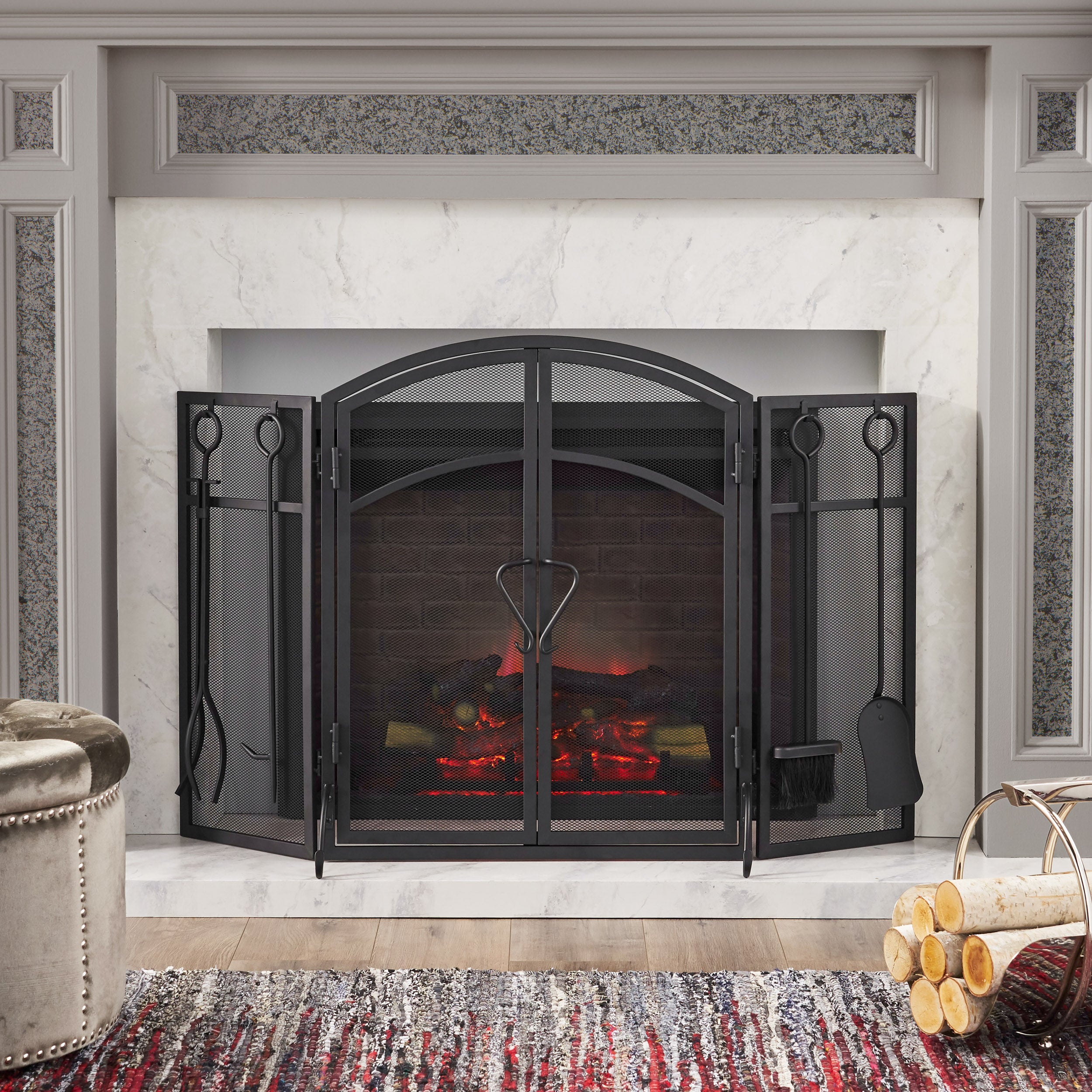 Rue Modern Iron Folding Fireplace Screen with Door and Tools