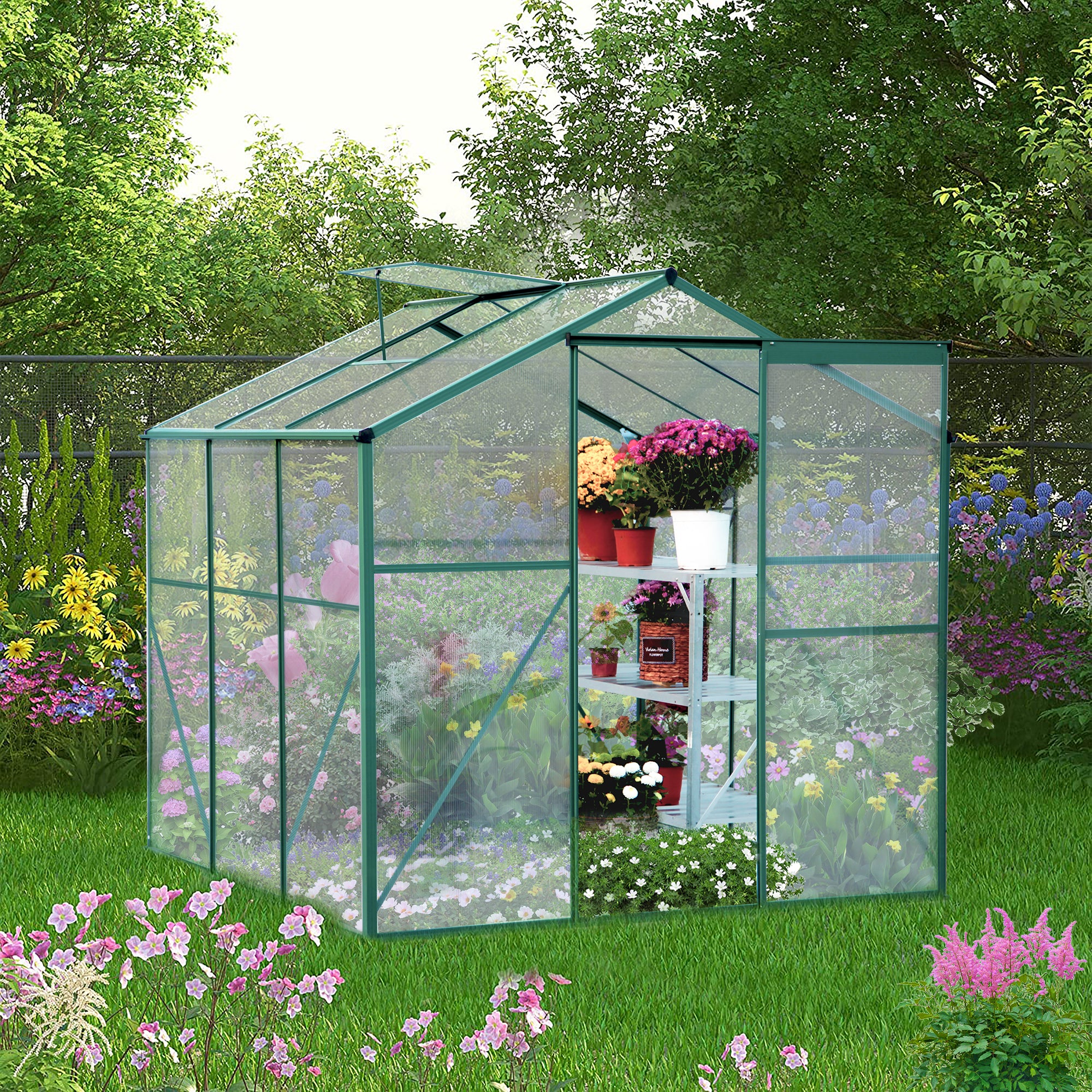 TheirNear 6 x 6 x 6.8 FT Walk-in Polycarbonate Greenhouse, Gardening Plant Tent with Roof Vent for Ventilation & Rain Gutter