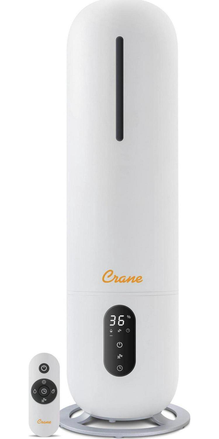 Crane USA Cool Mist Tower Top Fill Humidifier with Remote， 2 Gallons， 500 Sq. ft Coverage， UV Ionizing Light， White