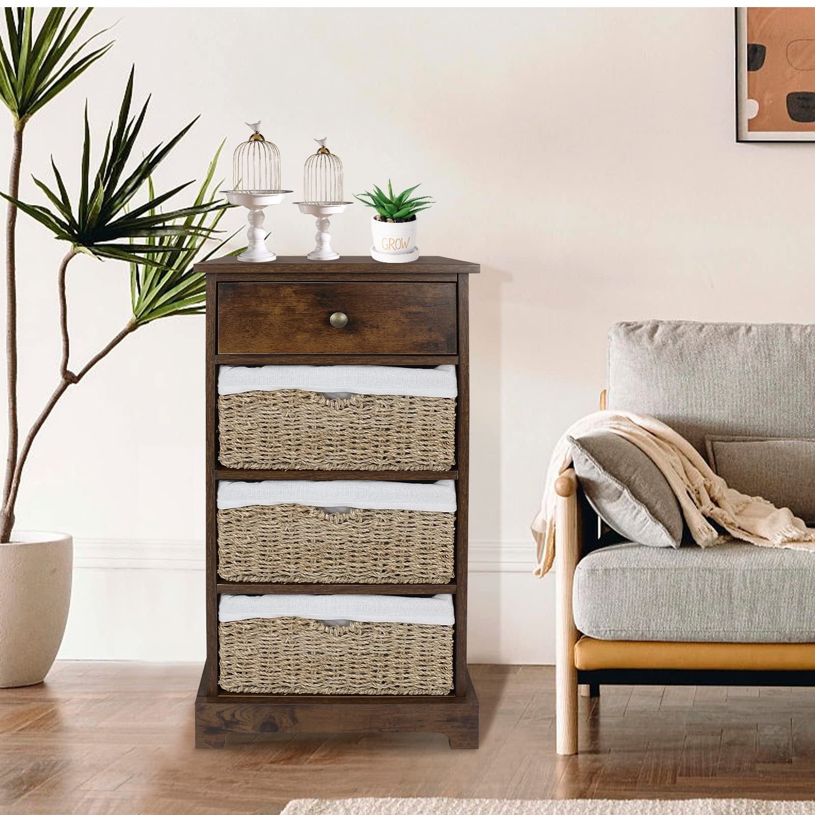 Wicker Basket Storage Cabinet， Wicker Storage Cabinet with Drawers and Basket， Storage Cabinet with Wicker Baskets - as picture - - 37668305