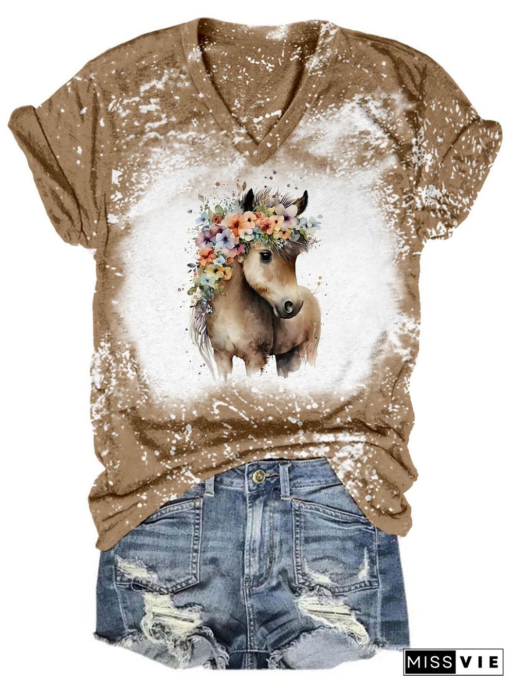 Floral Pony Tie Dye V Neck T-Shirt