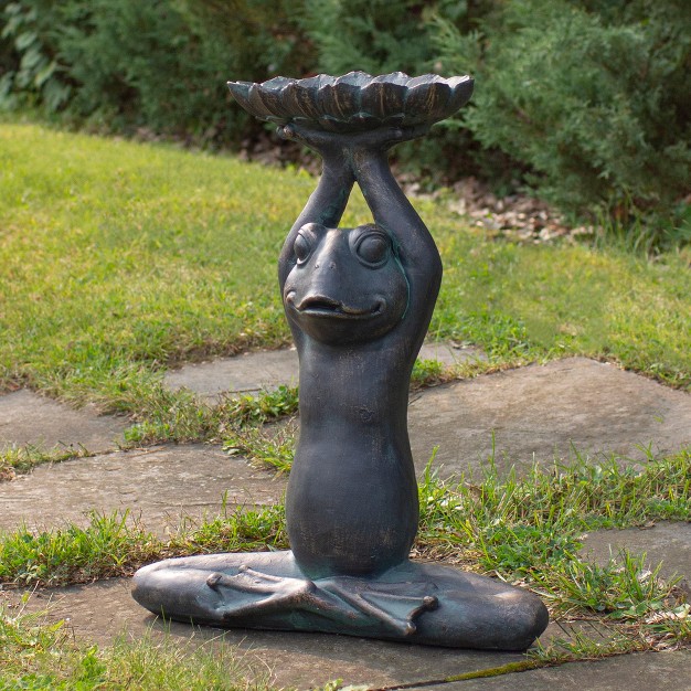 Gray Yoga Frog With Bird Feeder Outdoor Garden Statue