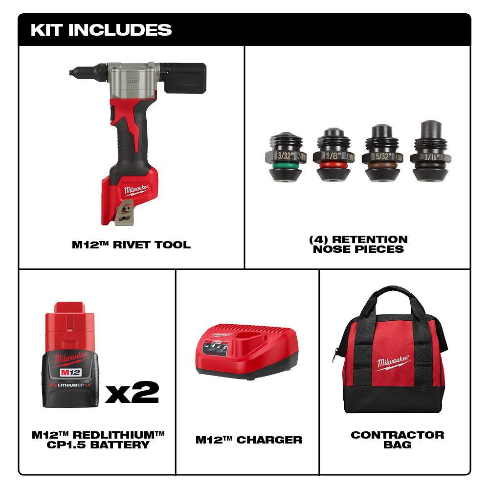 MW M12 12-Volt Lithium-Ion Cordless Rivet Tool Kit with (2) 1.5Ah Batteries Charger and 1000 Lumens M12 Flood Light 2550-22-2364-20