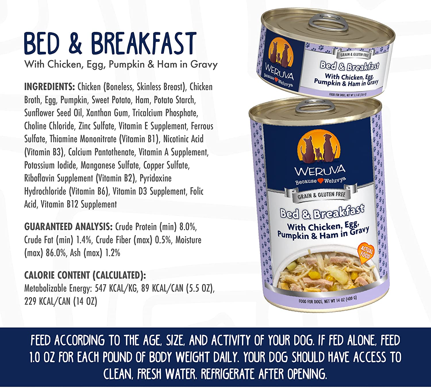 Weruva Bed and Breakfast with Chicken， Egg， Pumpkin and Ham in Gravy Grain-Free Canned Dog Food 14 Ounce (Pack of 12)