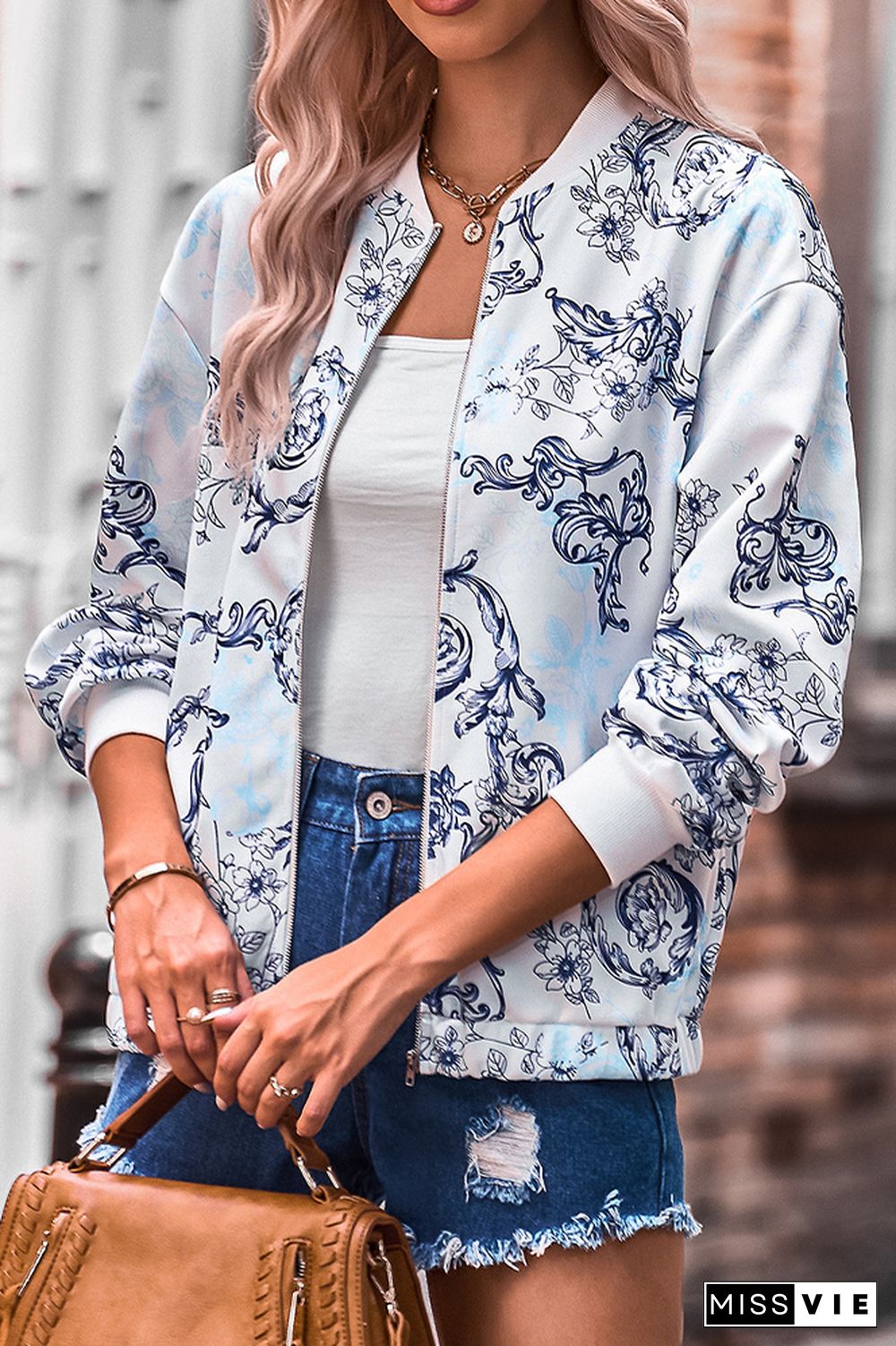 Floral Print Zipper Jacket Coat