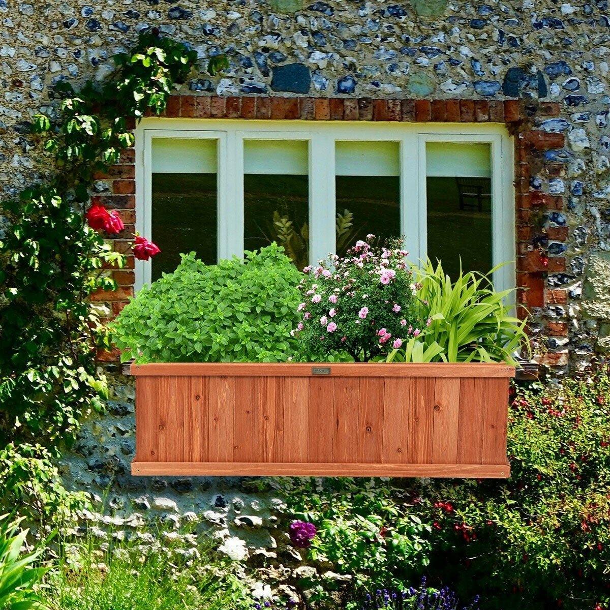 Wooden Raised Garden Bed Mounted Window Box Planter for Flower Vegetable