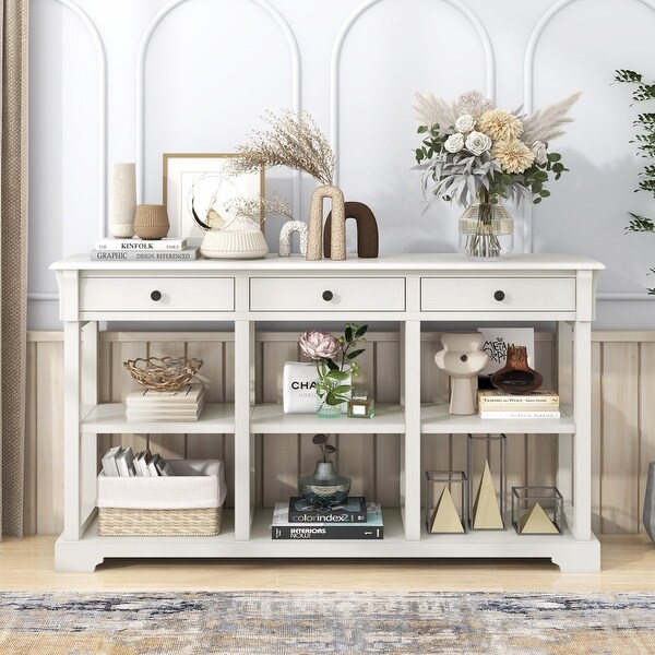 Console Table Sideboard with Open Shelves and Drawers Blue