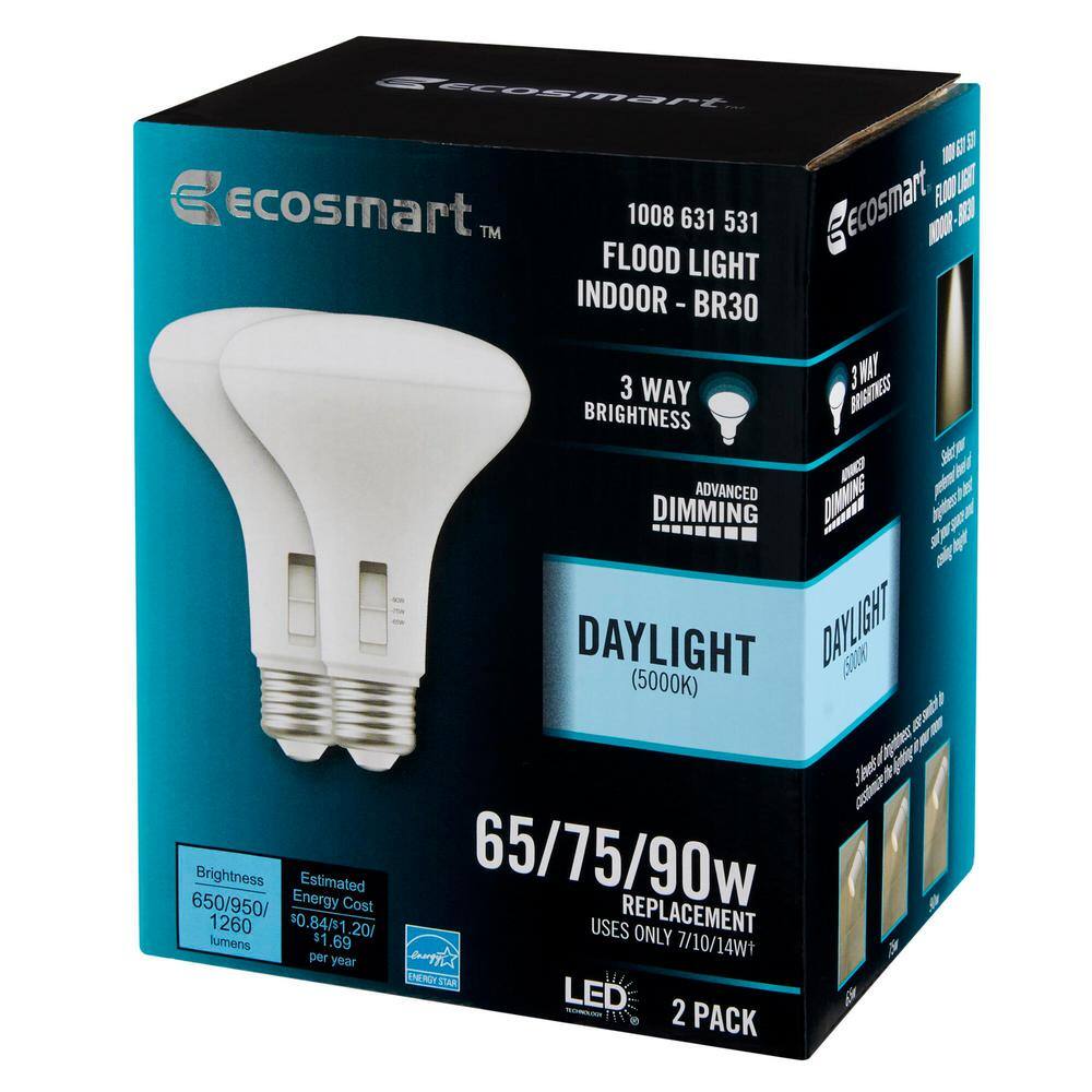 EcoSmart 657590-Watt Equivalent BR30 3-Way Flood ENERGY STAR Dimmable CEC LED Light Bulb Daylight (2-Pack) FG-04307