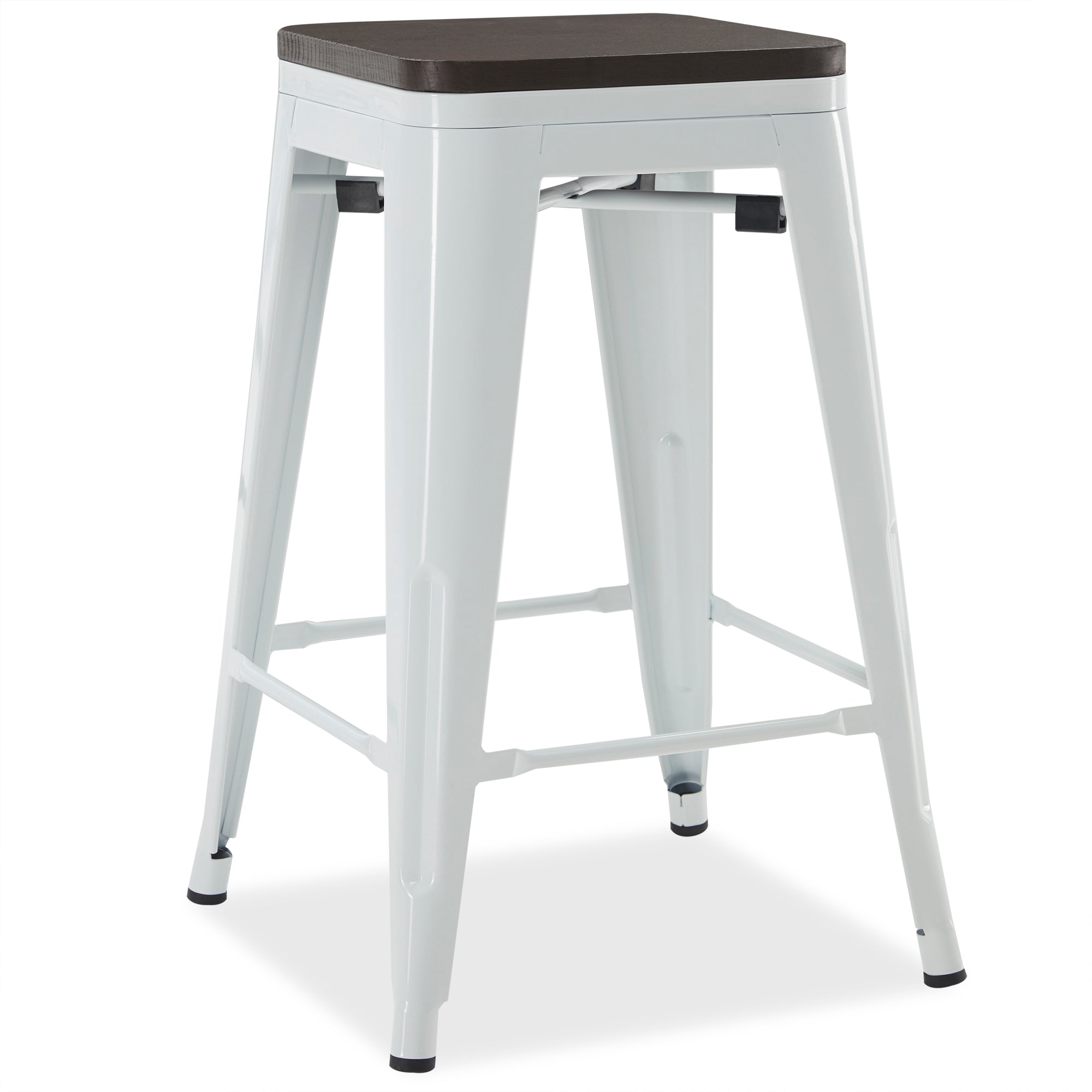 BELLEZE Set Of 4， 24Inch Metal Bar Stools Dining Chairs With Wood Seat， Stackable Counter Height Barstools， White